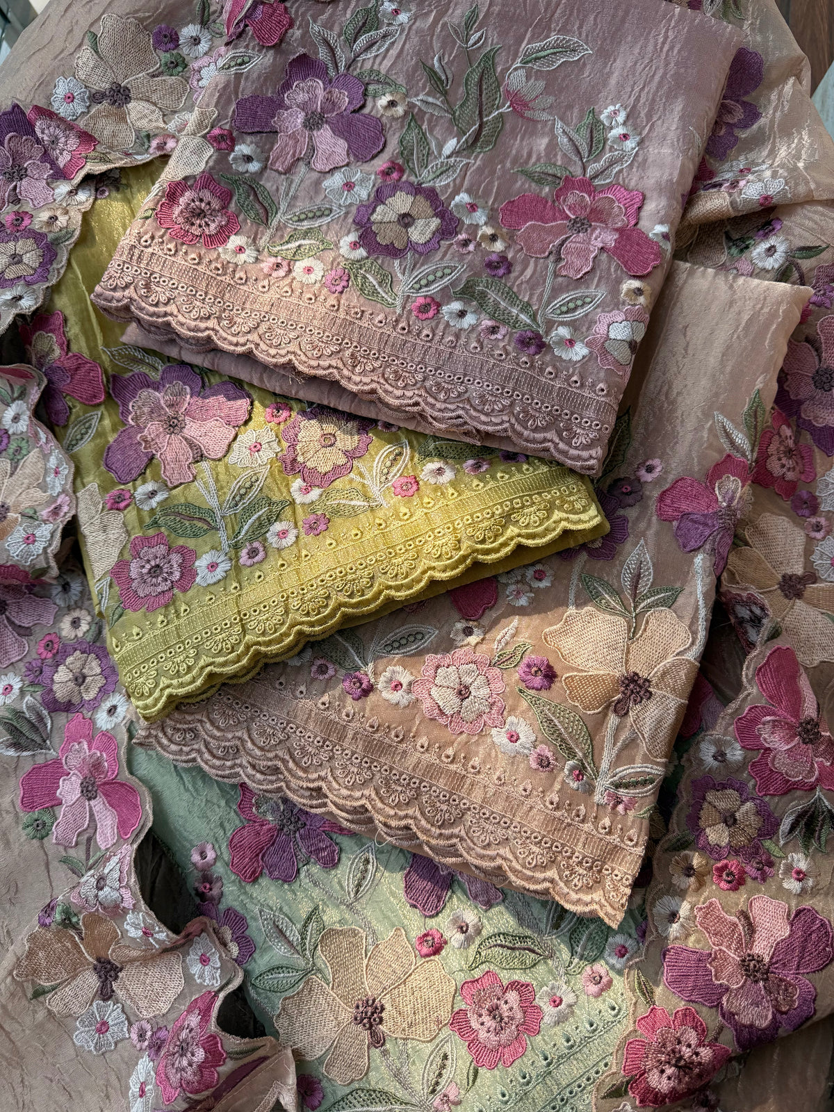Luxurious Mul chanderi appliqué work floral suit