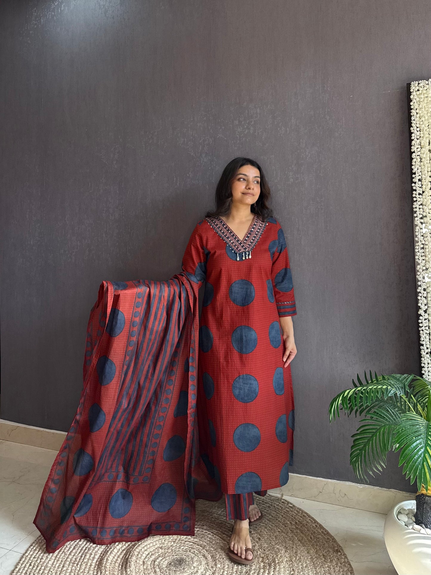 Pure cotton Ajrakh polka dots suit set