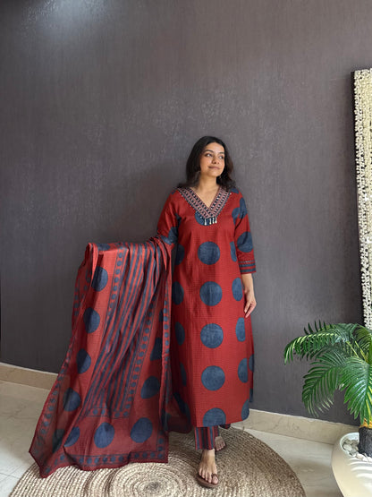 Pure cotton Ajrakh polka dots suit set