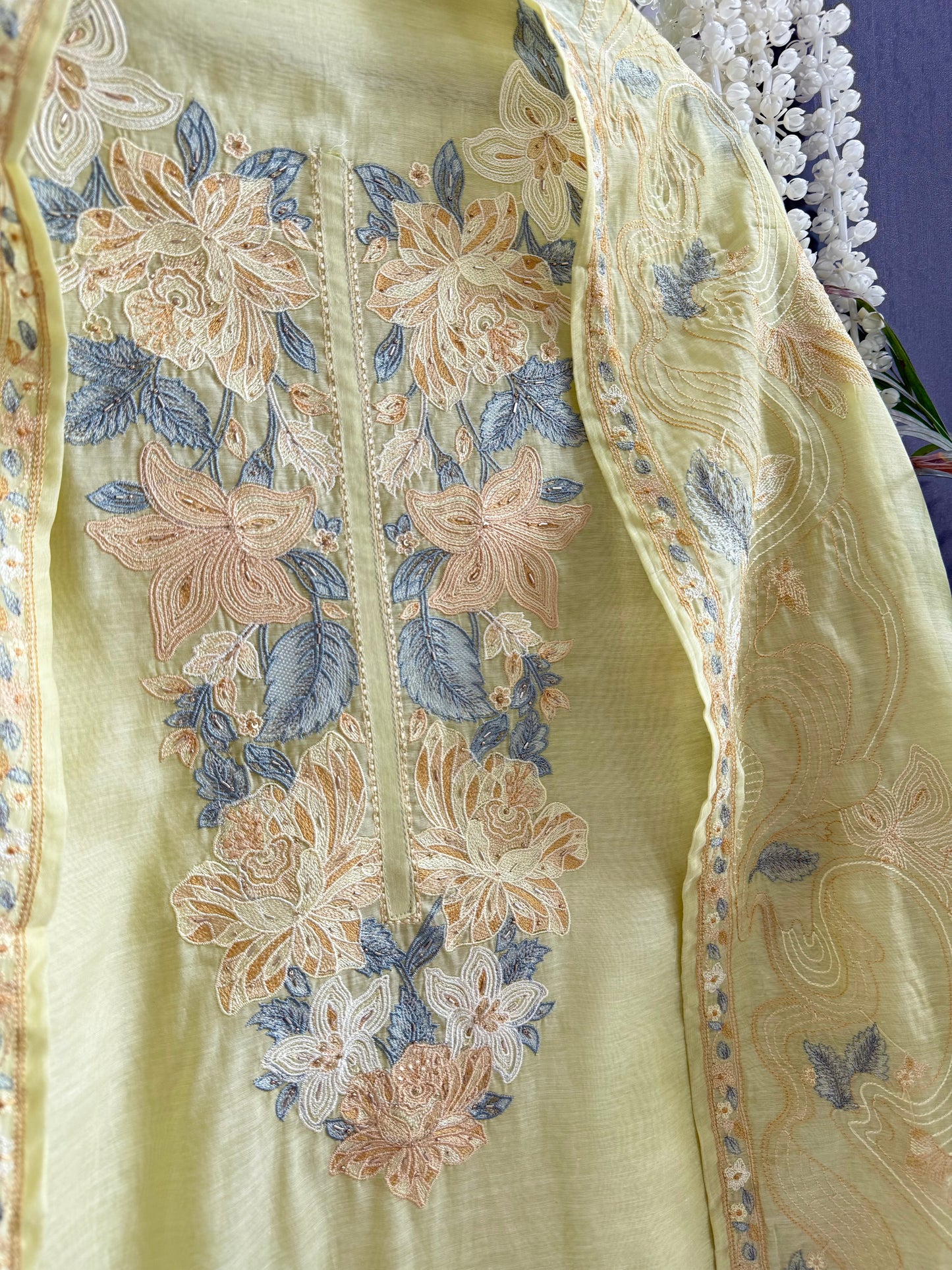 Luxurious Mul chanderi threadwork floral suit
