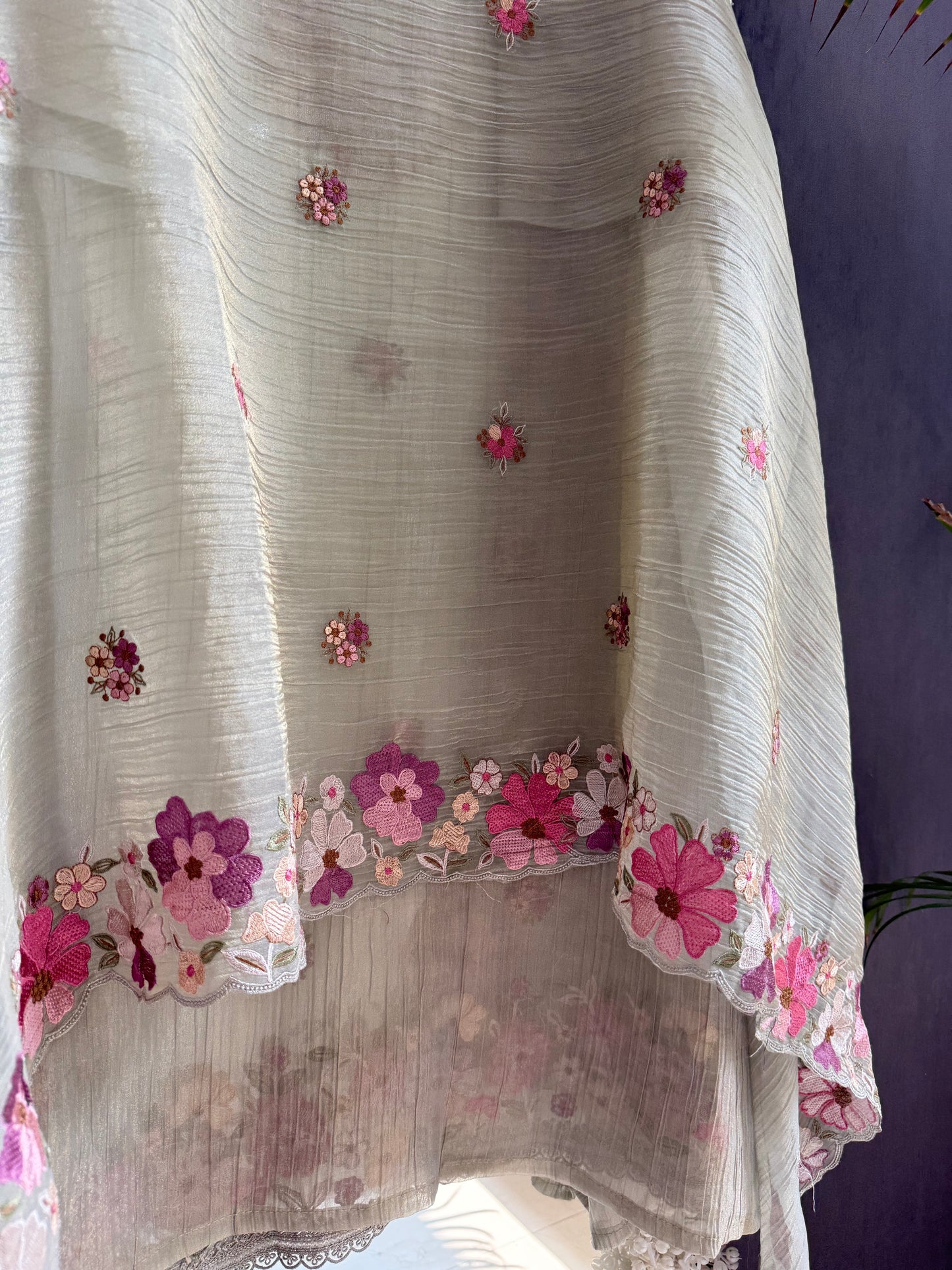 Luxurious Mul chanderi appliqué work floral suit