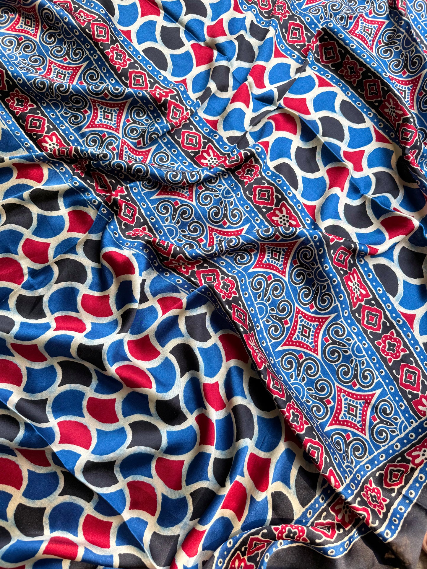 Satin crepe Ajrakh printed saree