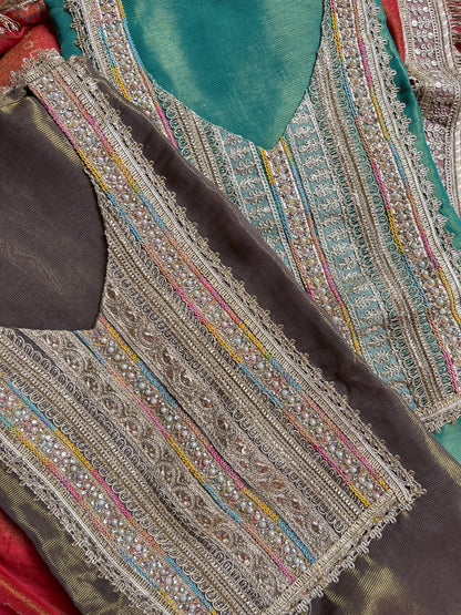 Luxurious zari woven tissue silk suit