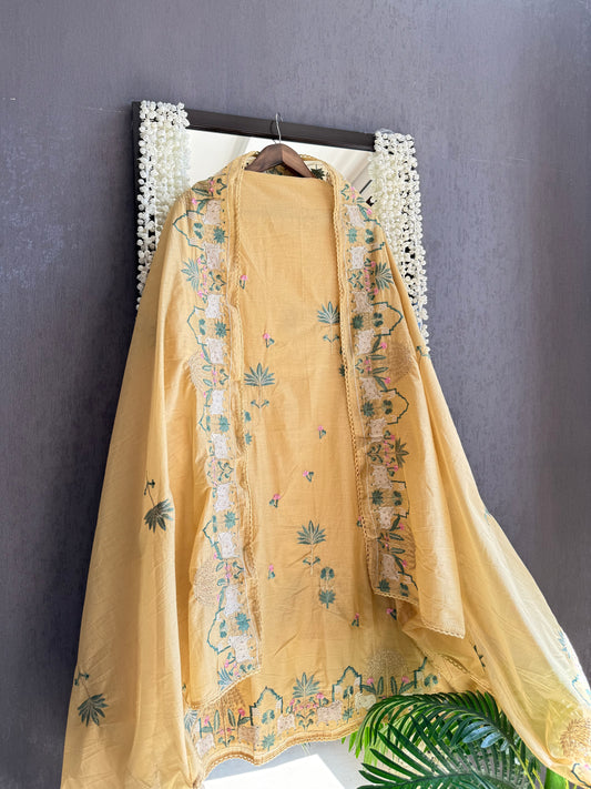 Chanderi parsi work pichwai suit