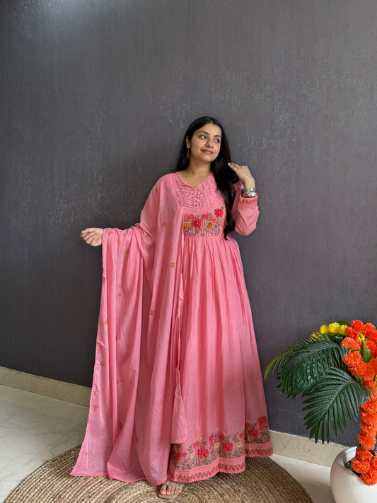 Mal cotton roses embroidered french knot Anarkali
