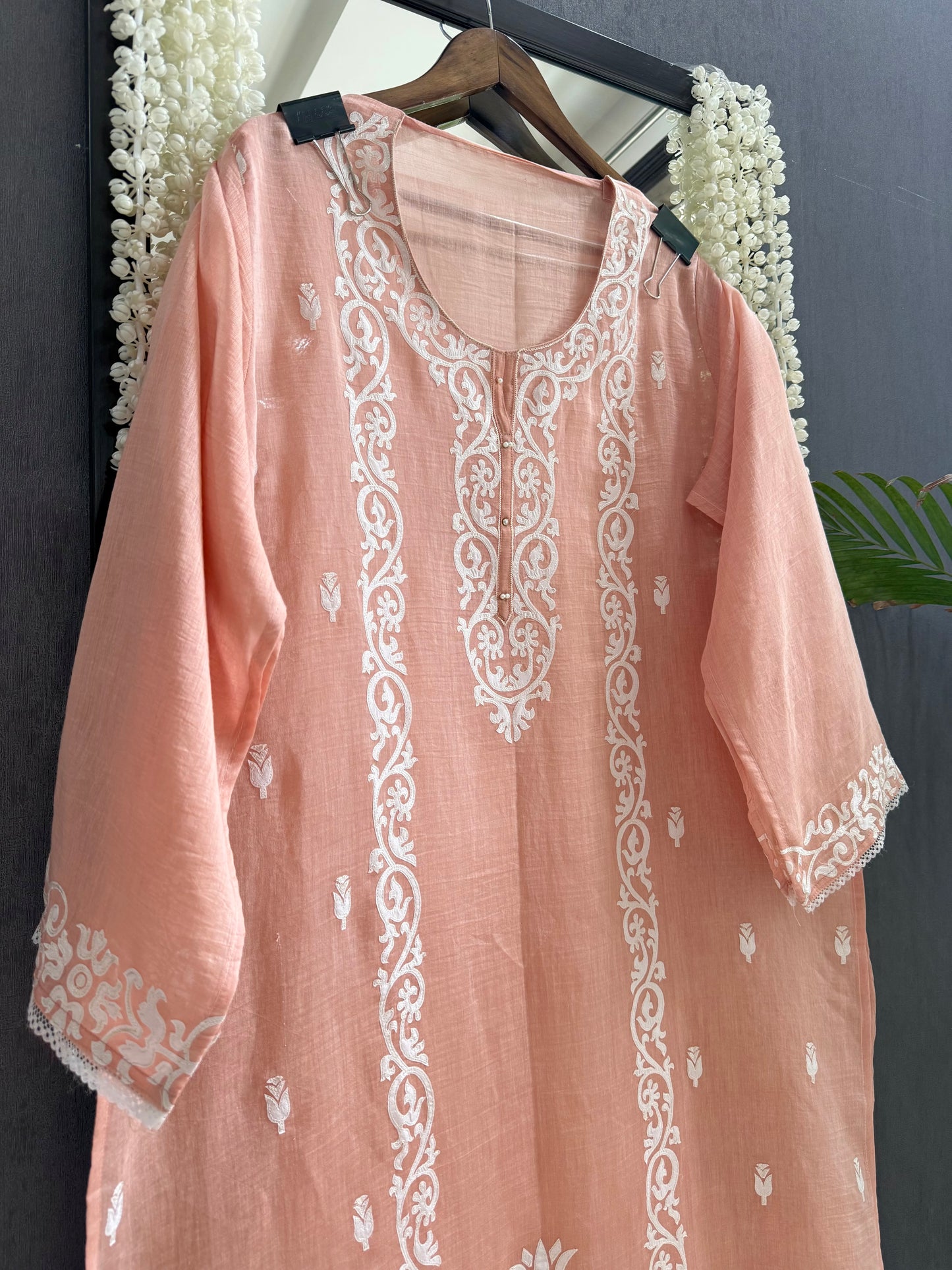 Luxurious Mul chanderi appliqué work suit
