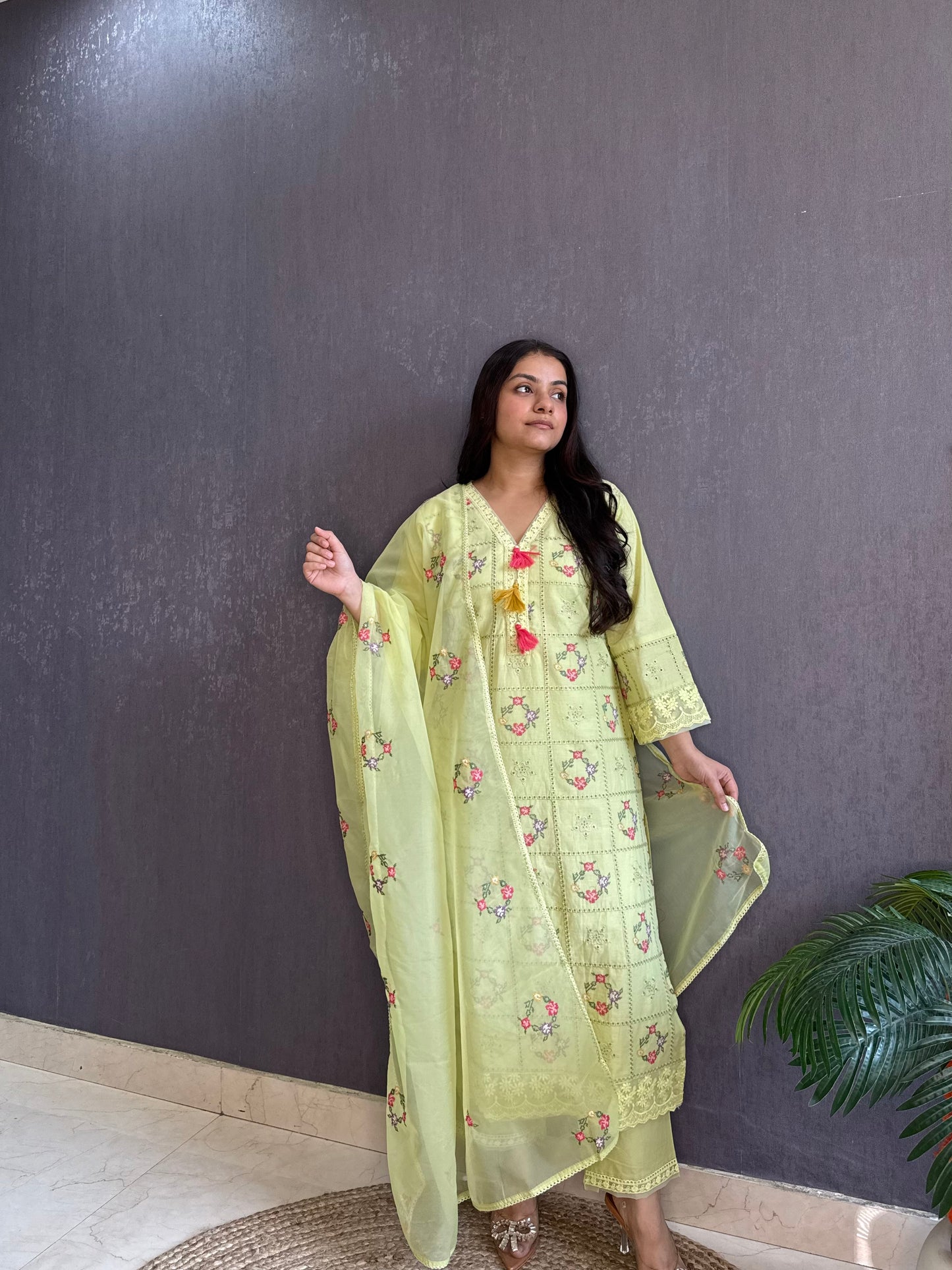 Cotton checked floral designer suit