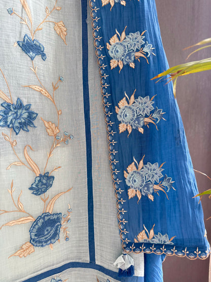 Luxurious Mul chanderi appliqué floral suit