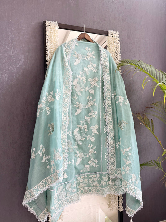 Luxurious Mul chanderi lucknowi birds handwork suit