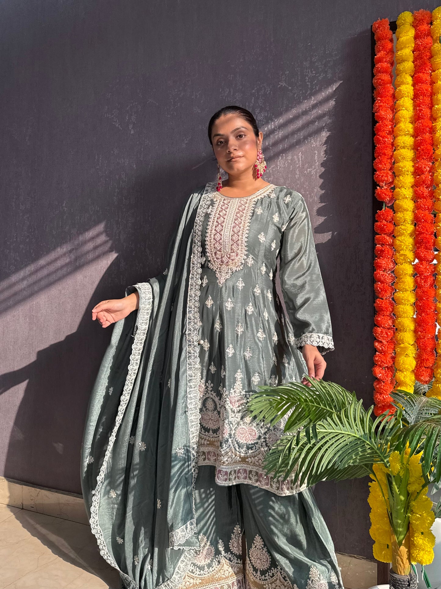 Chinon embroidered Anarkali Sharara suit