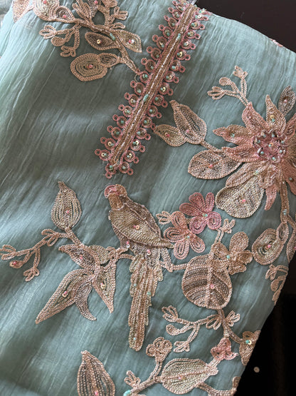 Crush tissue handwork birds and florals suit