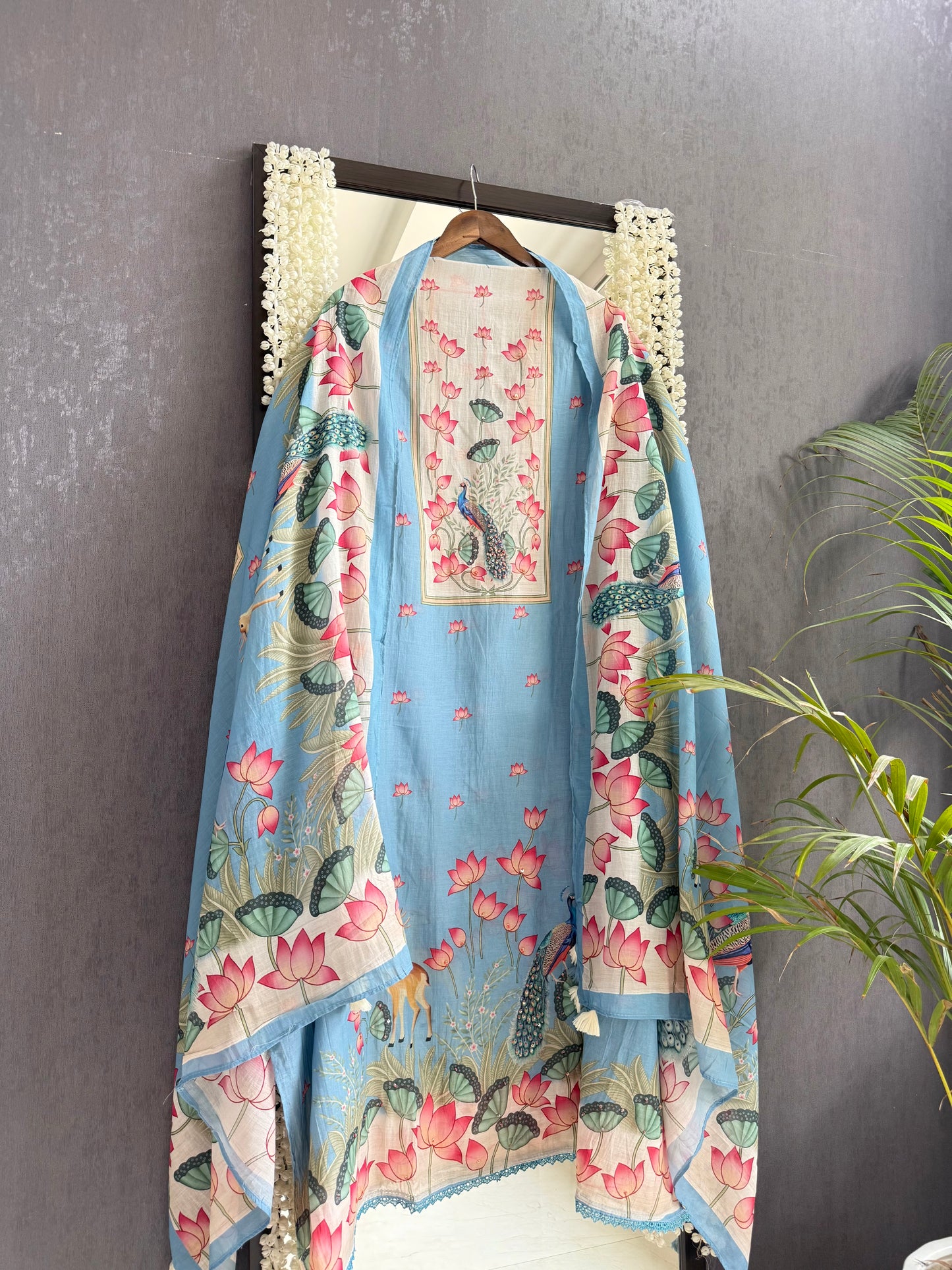Mulmul cotton deers peacock handwork suit