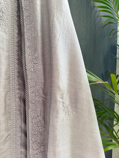 Luxurious Mul chanderi monochromatic threadwork suit