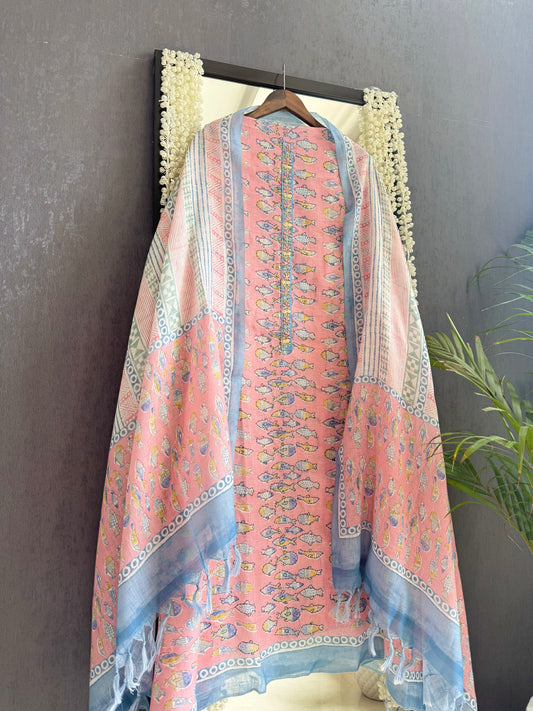 Linen fishes kantha work suit