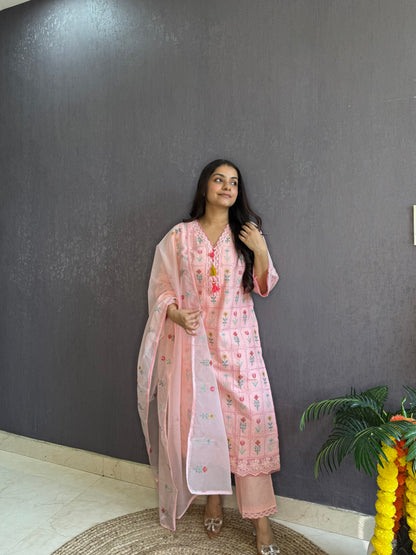 Cotton checked floral designer suit