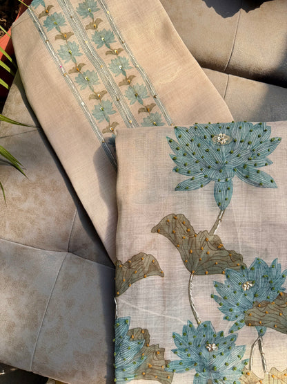 Pure linen lotus kantha work suit