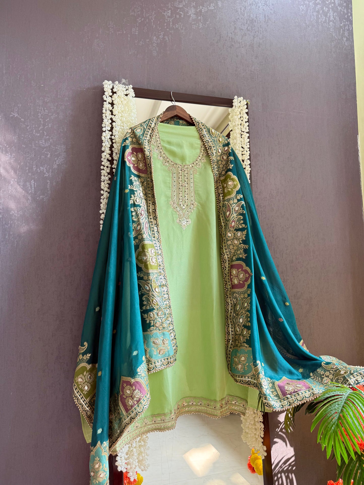 Tissue zari Aari work Meenakari suit