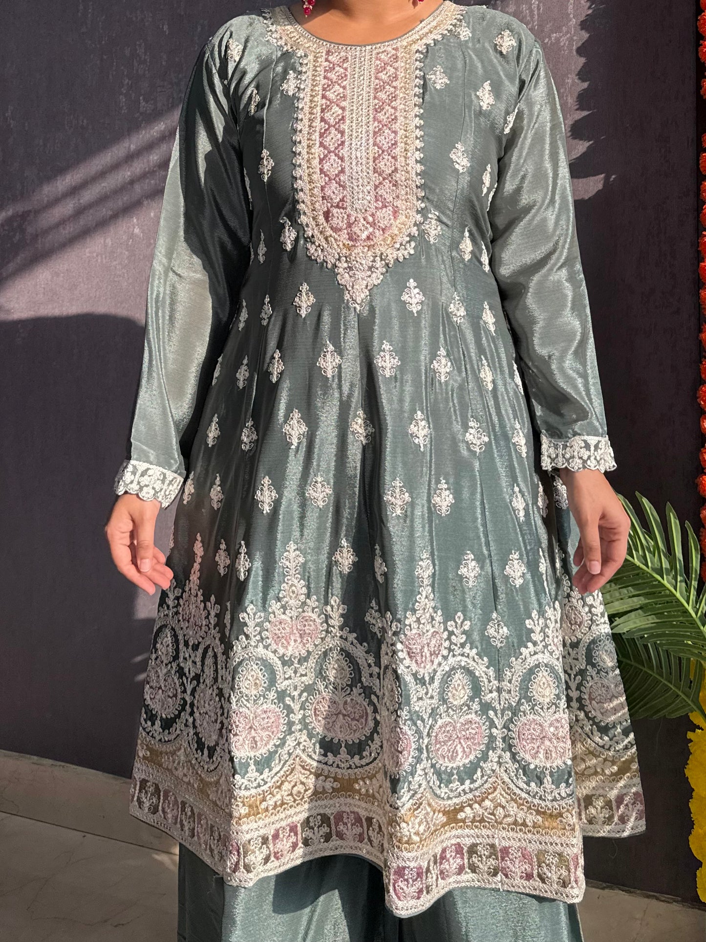 Chinon embroidered Anarkali Sharara suit