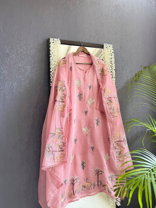 Luxurious Mul chanderi deers swans suit