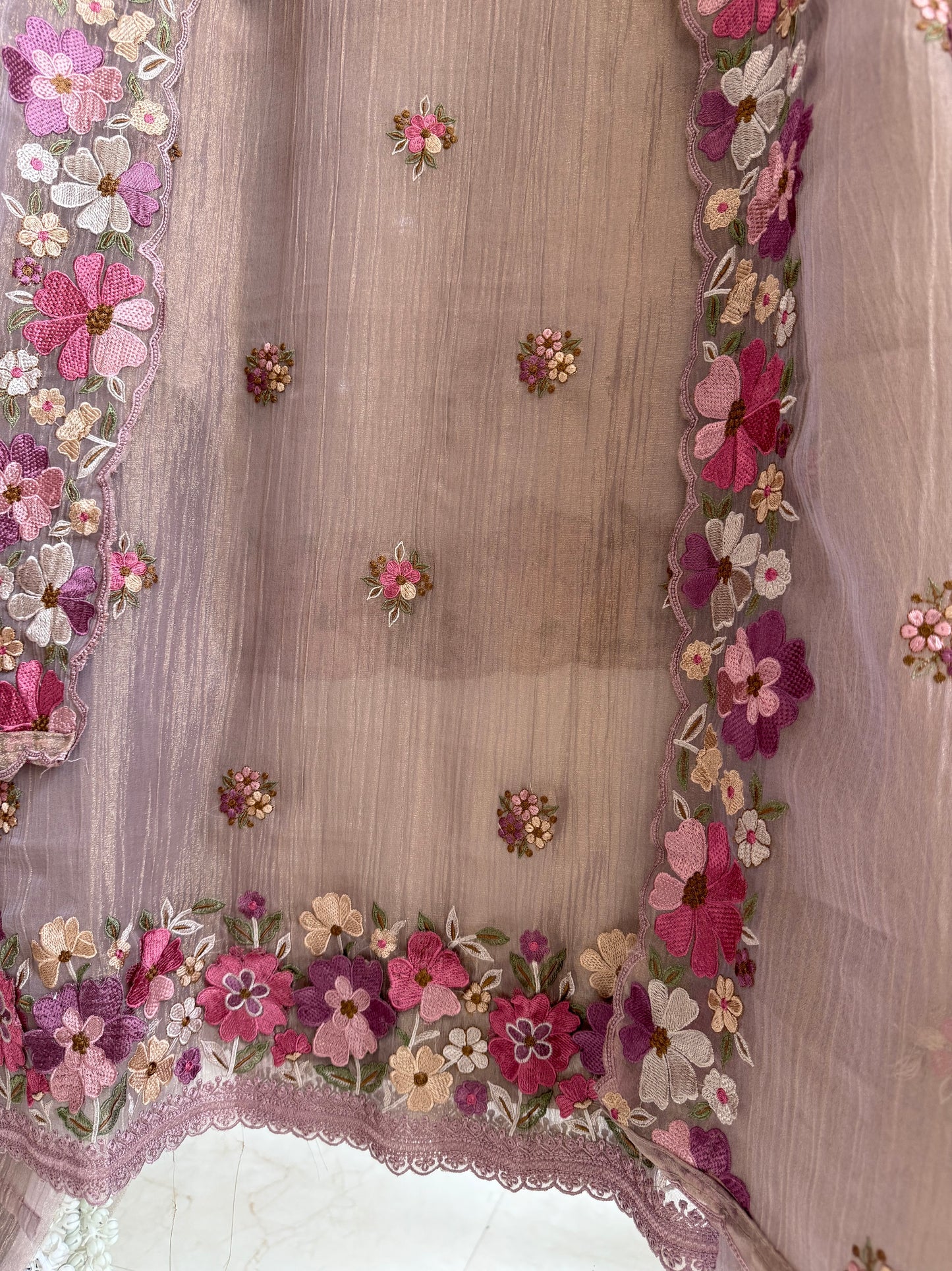 Luxurious Mul chanderi appliqué work floral suit