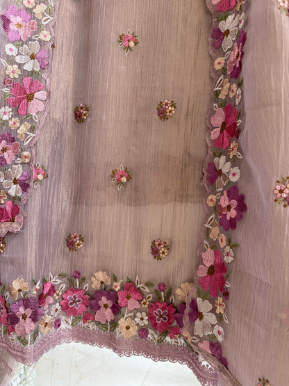 Luxurious Mul chanderi appliqué work floral suit