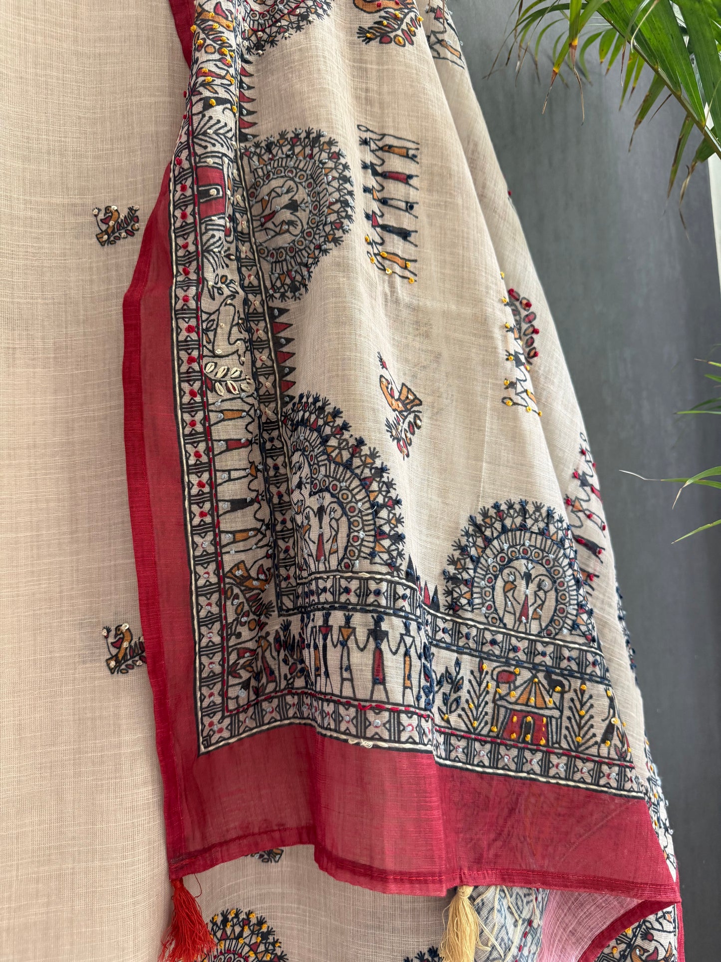 Linen worli art  Kantha work suit