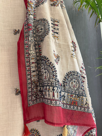 Linen worli art  Kantha work suit