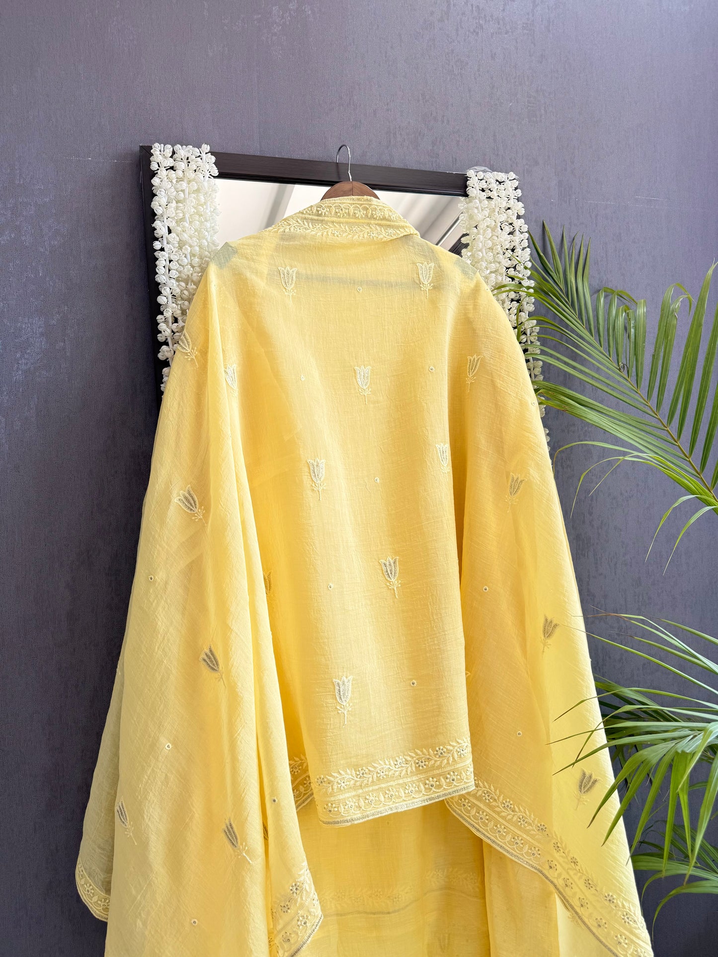 Luxurious Mul chanderi lucknowi tulip and hearts suit