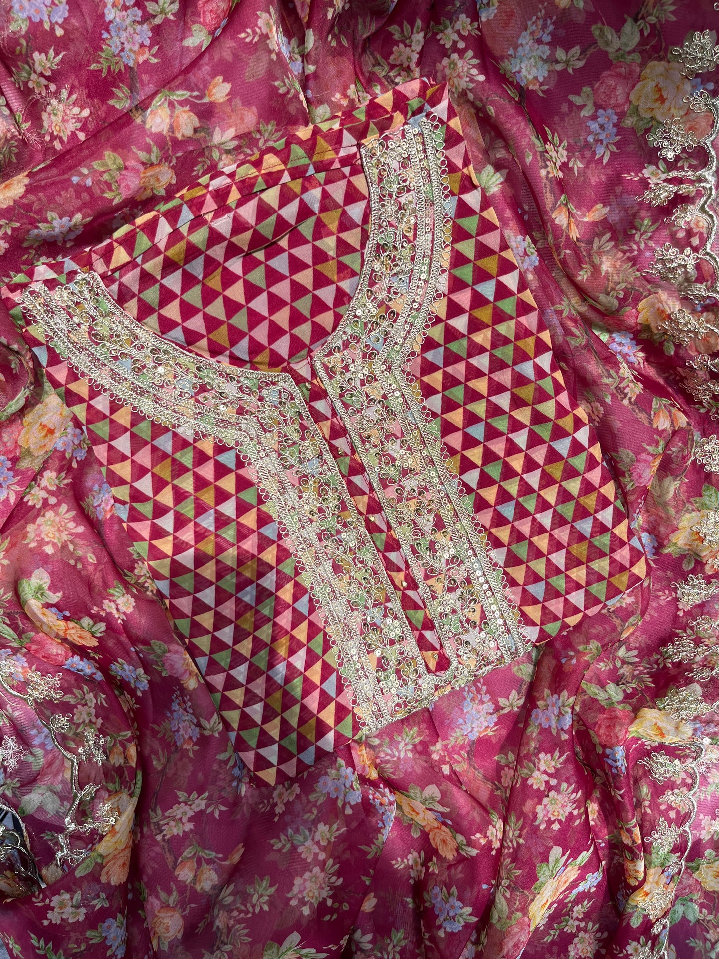 Aari work pearlwork organza suits