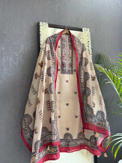 Linen worli art  Kantha work suit