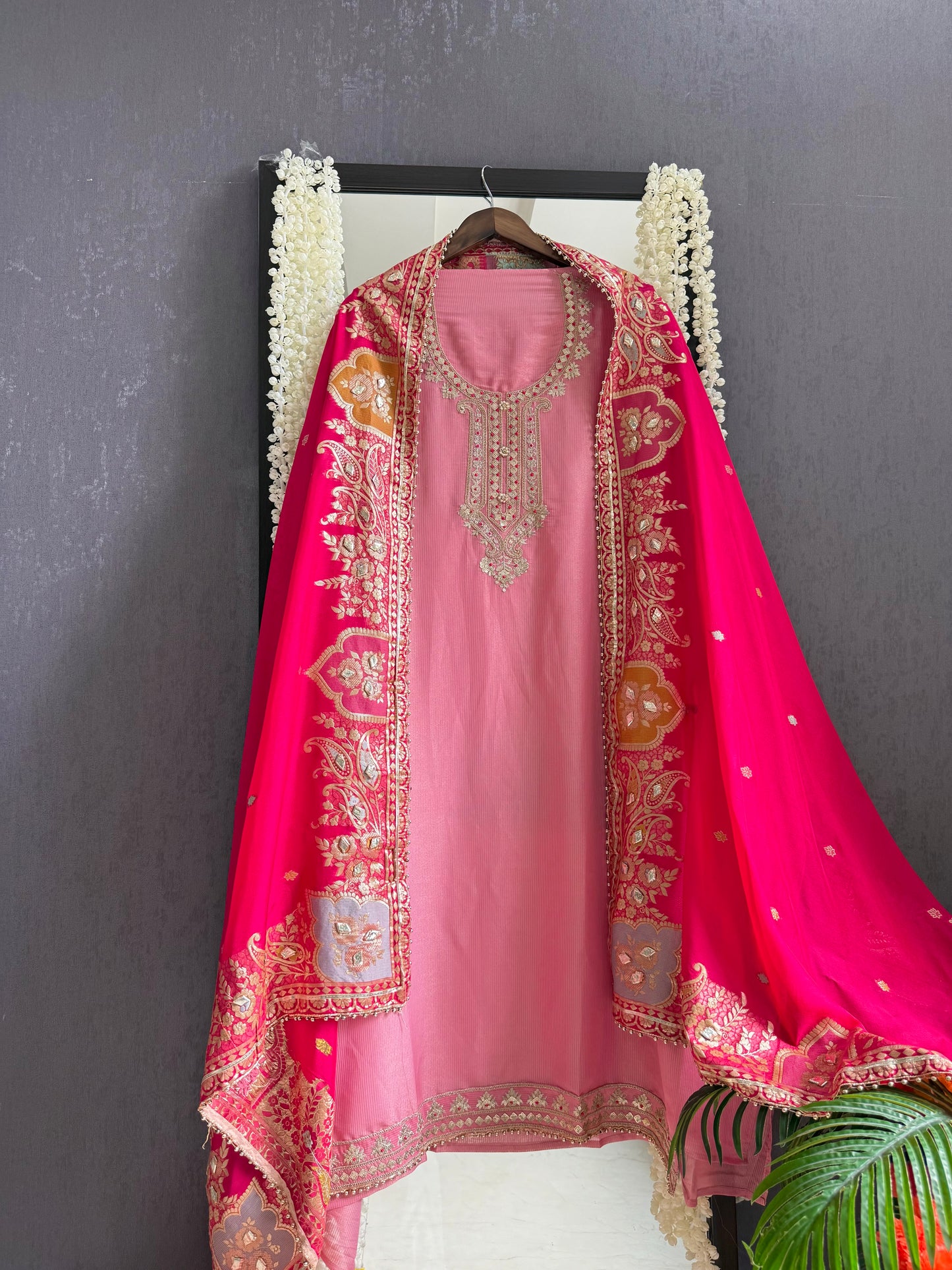 Tissue zari Aari work Meenakari suit