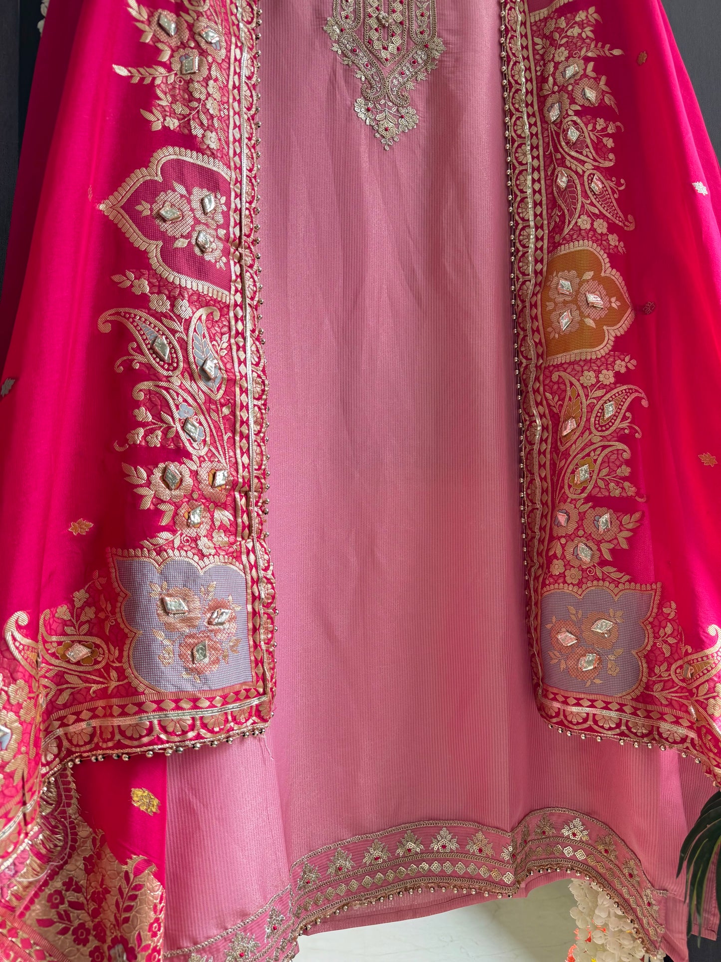 Tissue zari Aari work Meenakari suit