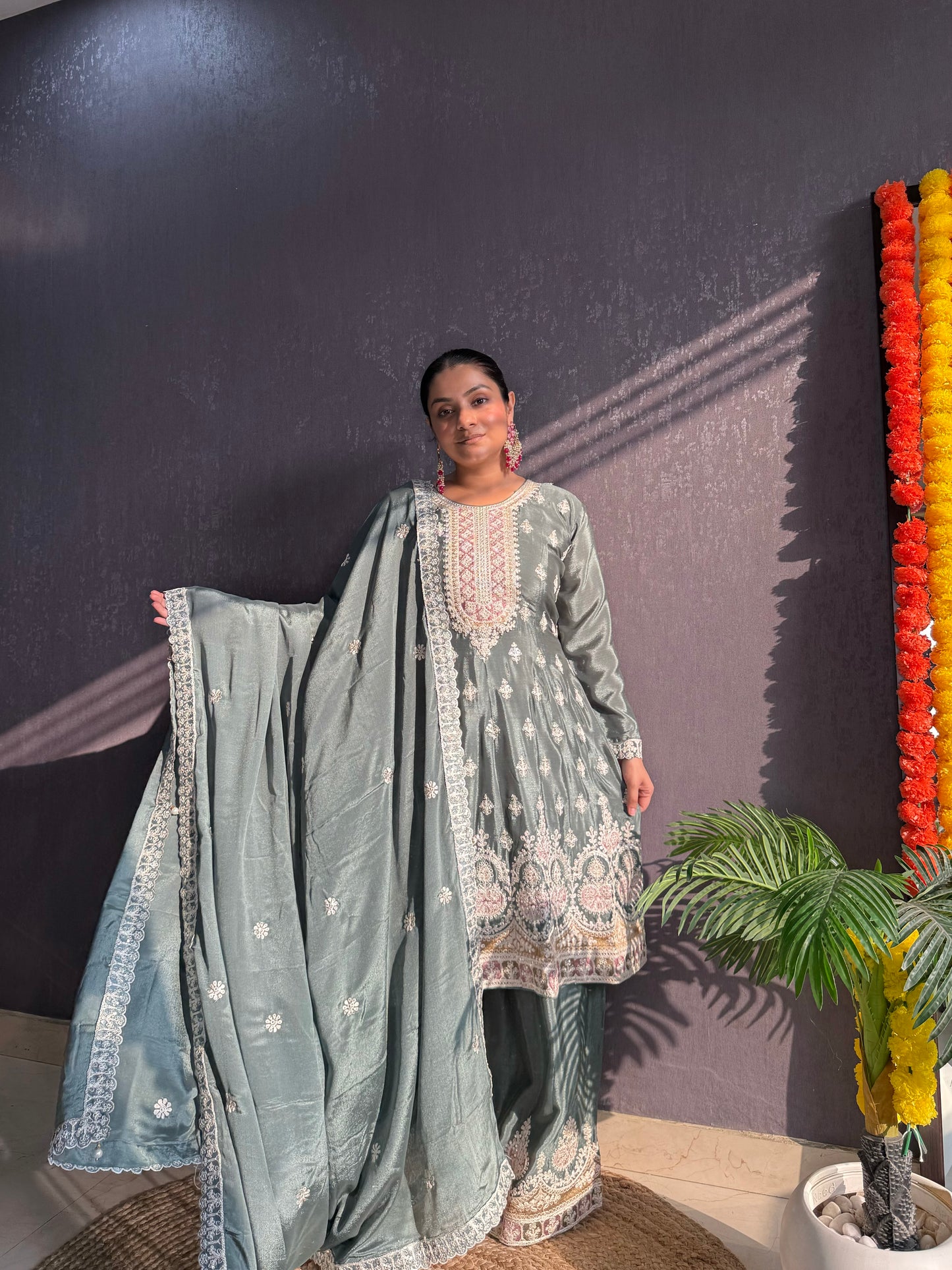 Chinon embroidered Anarkali Sharara suit