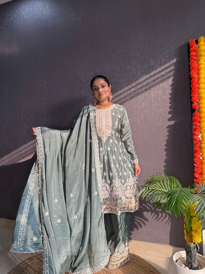 Chinon embroidered Anarkali Sharara suit