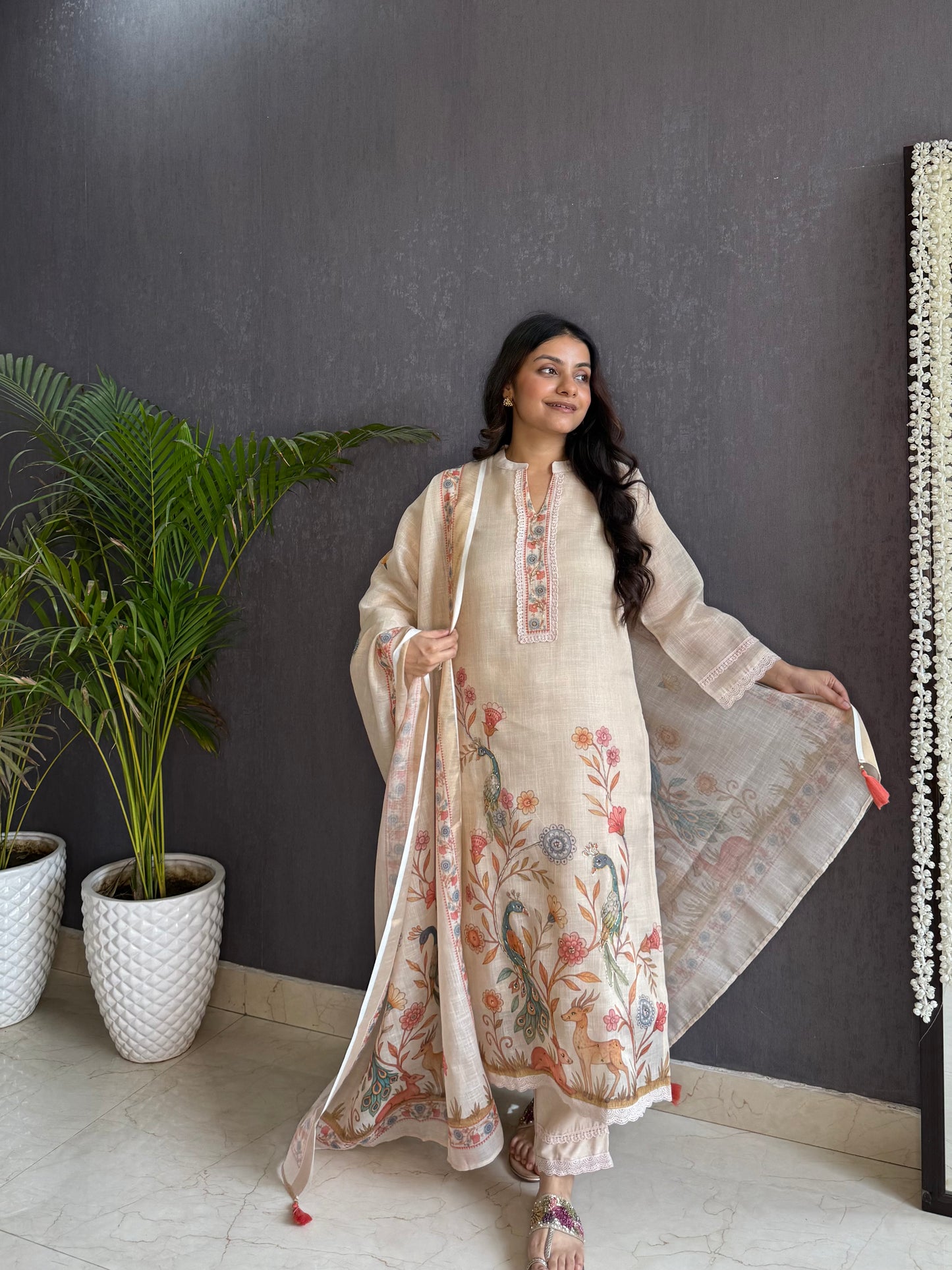 Linen deers peacock kurta set