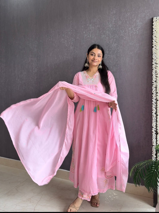 Premium mul cotton embroidered handwork Aline suit