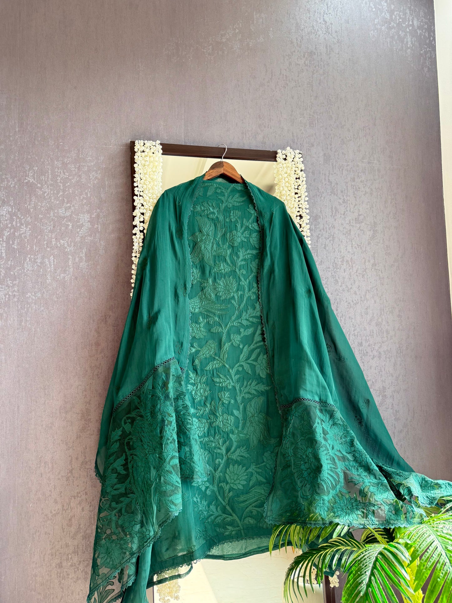 Luxurious organza appliqué work birds suit