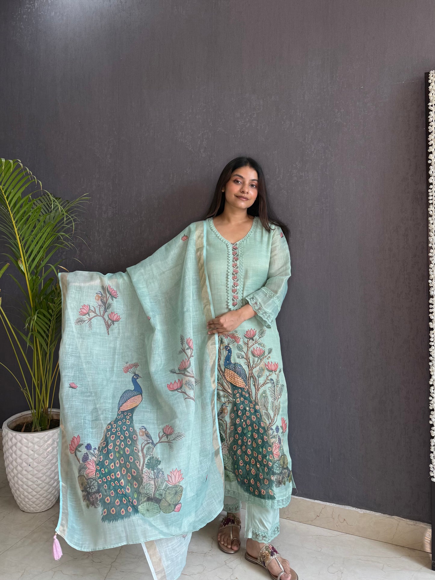 Linen peacock kurta set