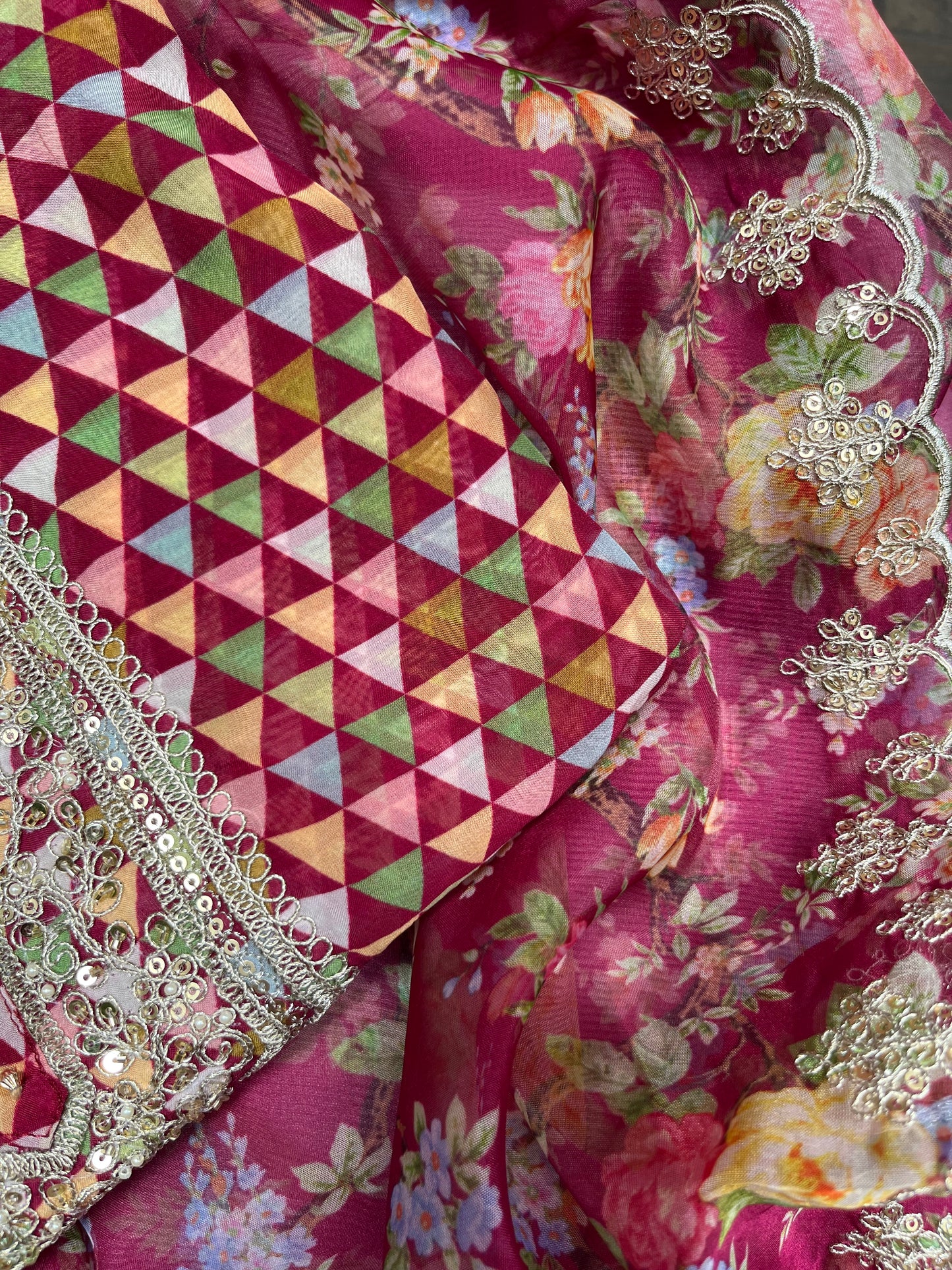 Aari work pearlwork organza suits