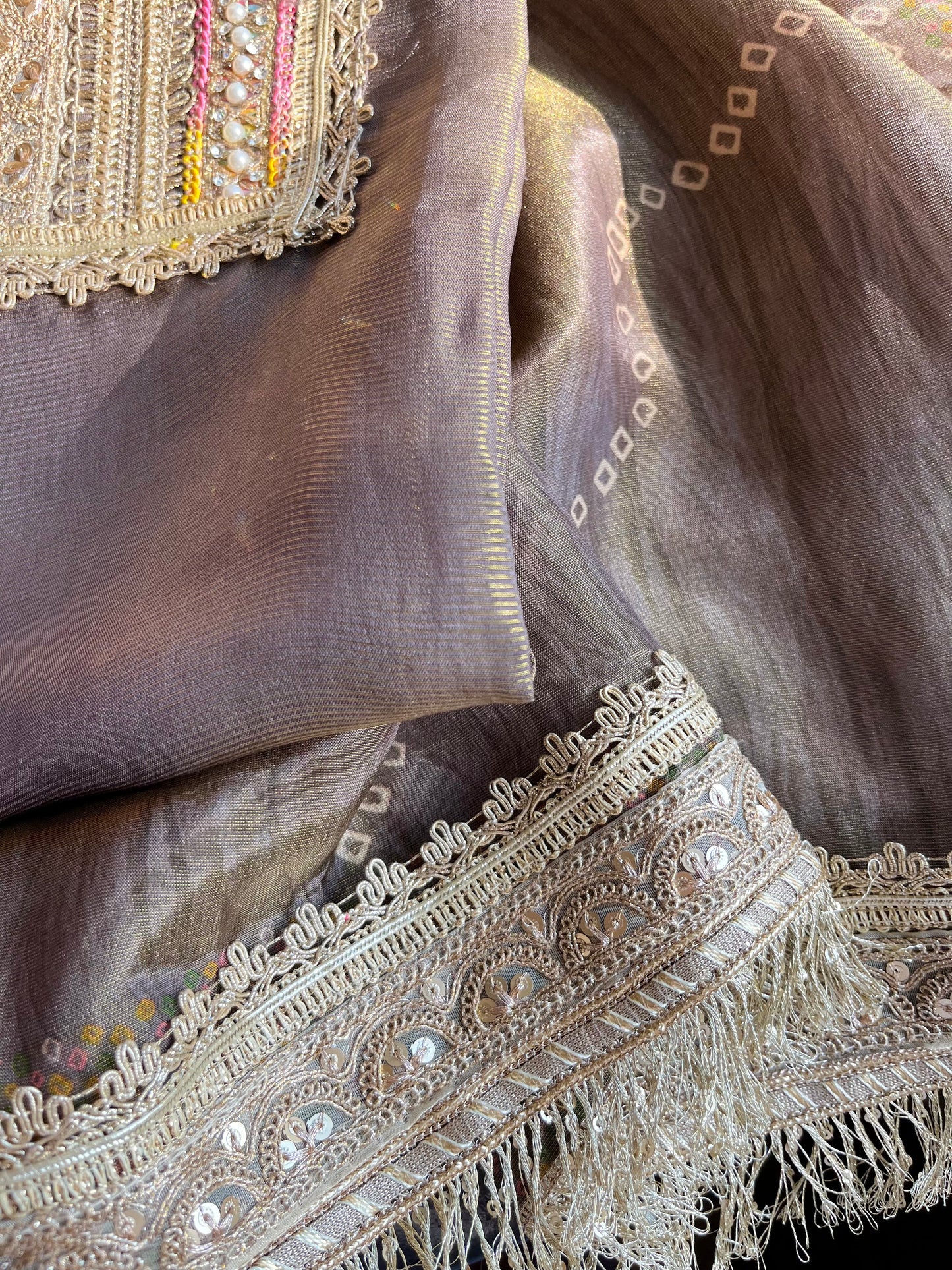 Luxurious zari woven tissue silk suit
