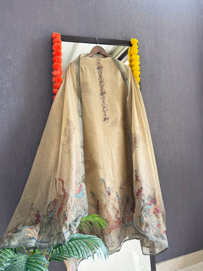 Pure linen birds frenchknot kantha work suit