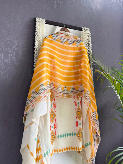 Muslin ikkat inspired handwork suits