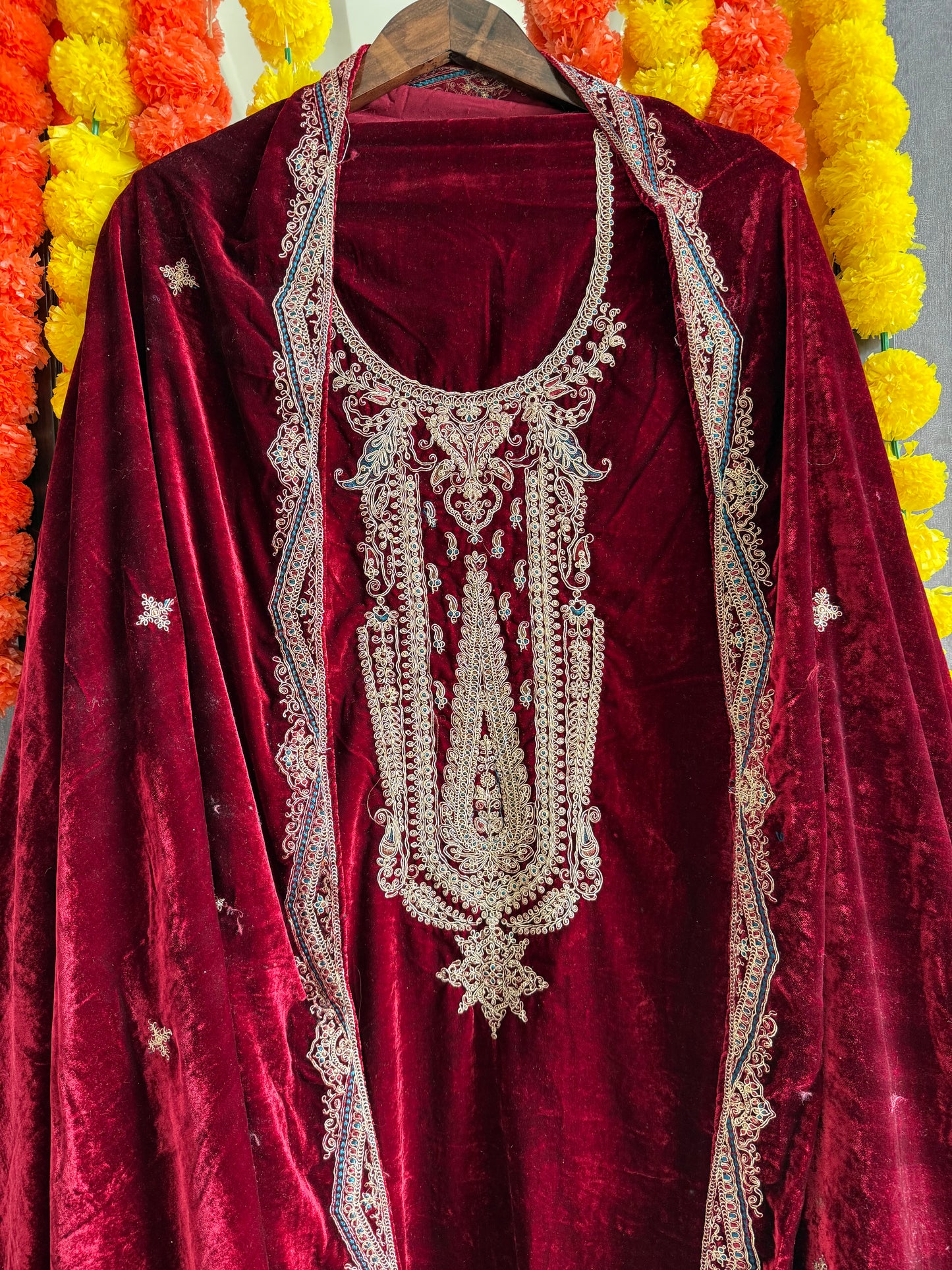 Velvet brocade marori aari work suit
