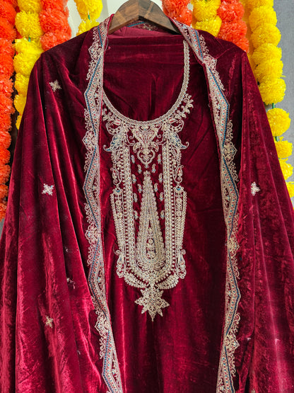 Velvet brocade marori aari work suit