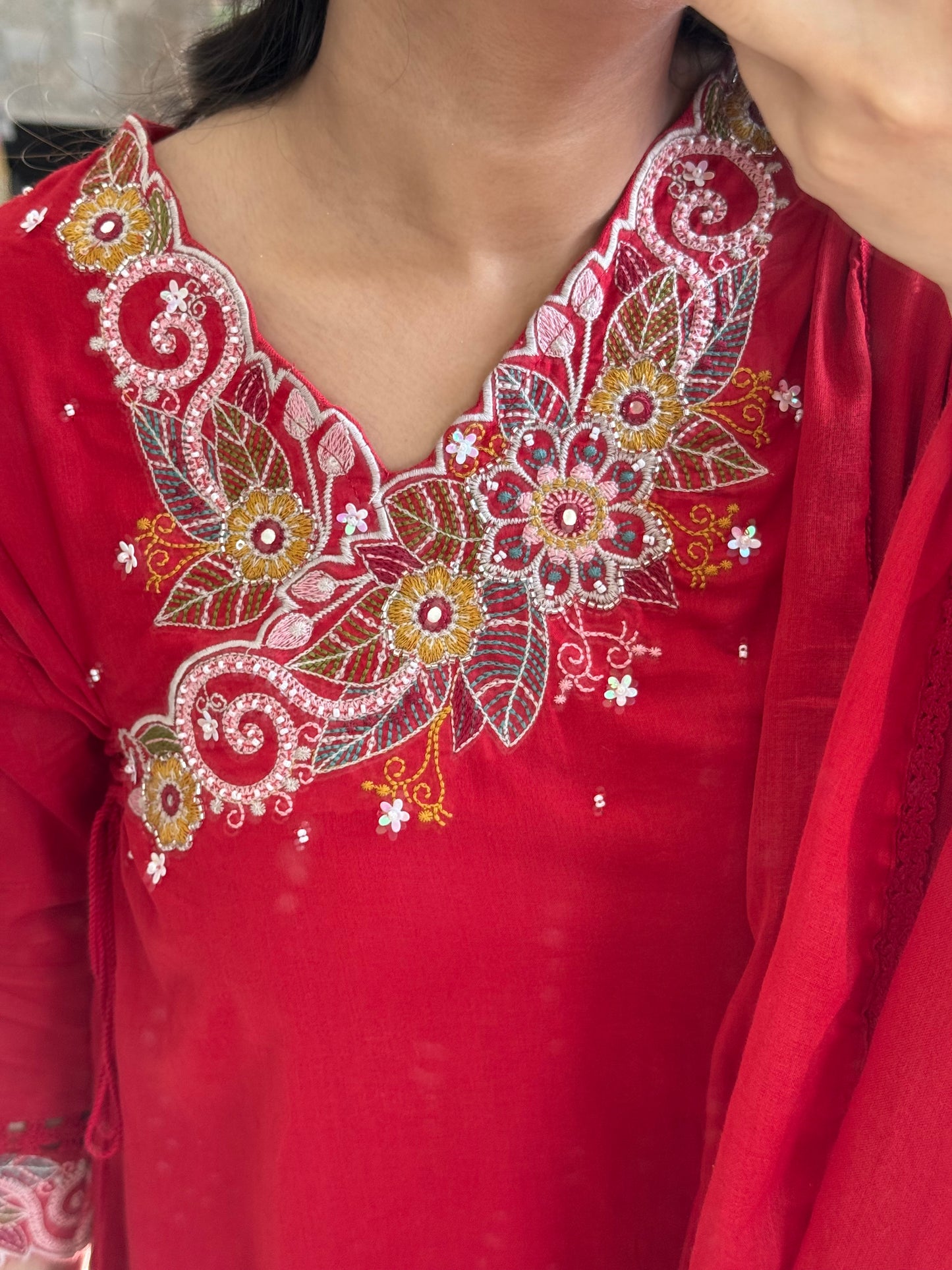 Premium mul cotton embroidered handwork Aline suit