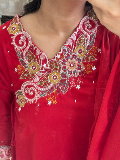 Premium mul cotton embroidered handwork Aline suit