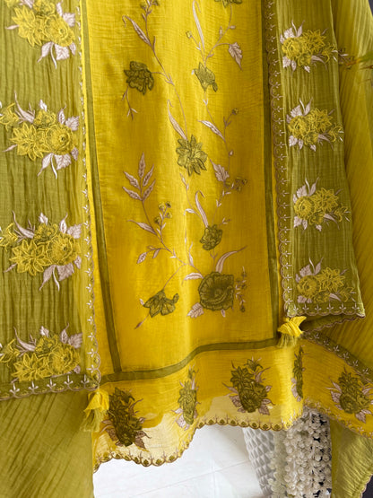 Luxurious Mul chanderi appliqué floral suit