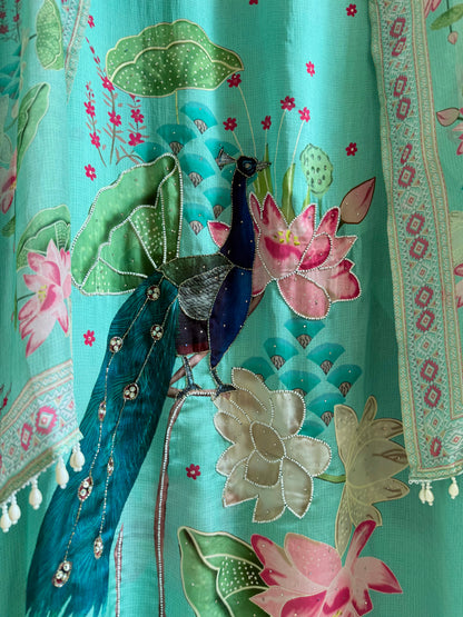 Soft silk peacock hand work suit
