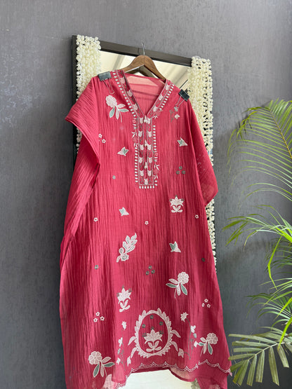 Luxurious Mul chanderi appliqué work suit