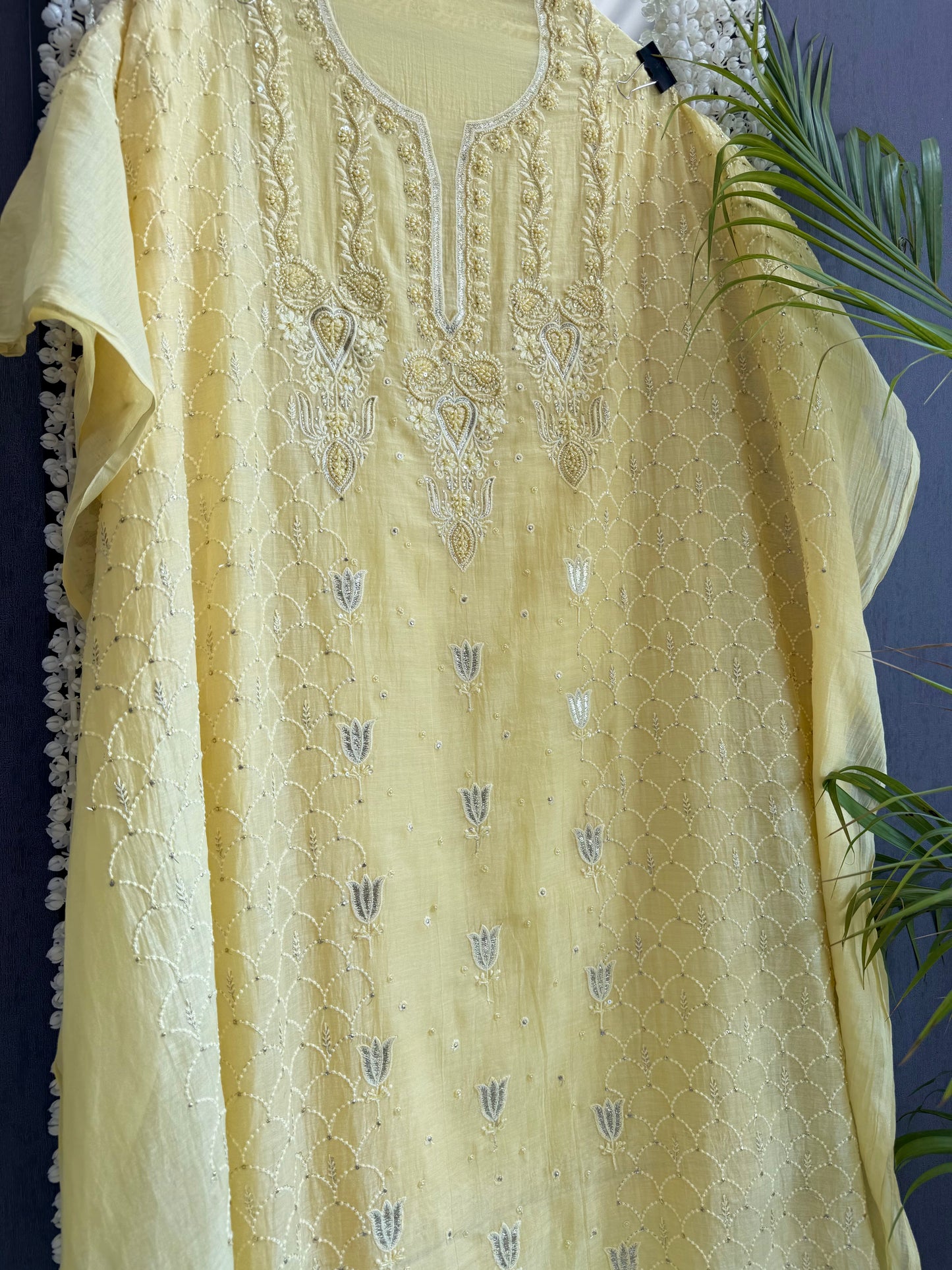 Luxurious Mul chanderi lucknowi tulip and hearts suit